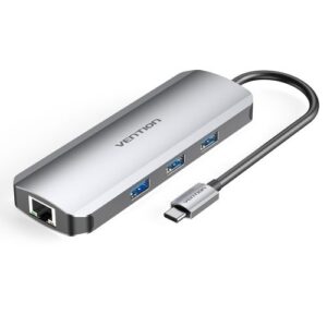 Vention USB C Multi-function 8 in 1  Docking Station  to HDMI/USB3.0x3/RJ45/SD/TF/PD Docking Station 0.15M Gray Aluminum Alloy Type (100w)