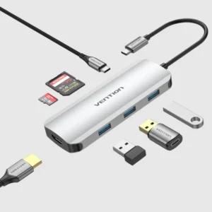 Vention USB C Multi-function 7 in 1  Docking Station  USB-C to HDMI/USB 3.0x3/SD/TF/PD Docking Station Gray 0.15M Aluminum Alloy Type