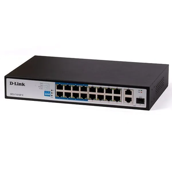 D-Link DES-F1016P-E 16-port Fast Ethernet Unmanaged Long Range 250m PoE+ Surveillance Switch with 16 PoE ports