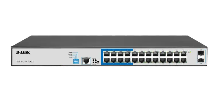 D-Link DGS-F1210-26PS-E - 24 port Managed Gigabit Switch with 24 10/100/1000 Mbps PoE ports, 2 Gigabit SFP uplink ports - DGS-F1210-26PS