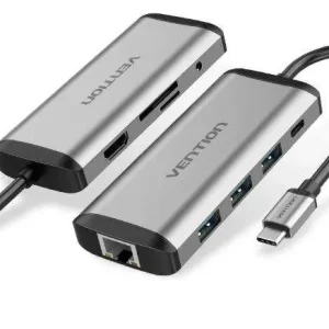 Vention USB C Multi-function 9 in 1  Docking Station  to HDMI/USB 3.0 x 3/RJ45/SD/TF/TRRS 3.5mm/PD Docking Station 0.15M Gray Aluminum Alloy Type